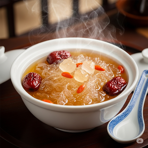 Yến chưng nấm tuyết, táo đỏ