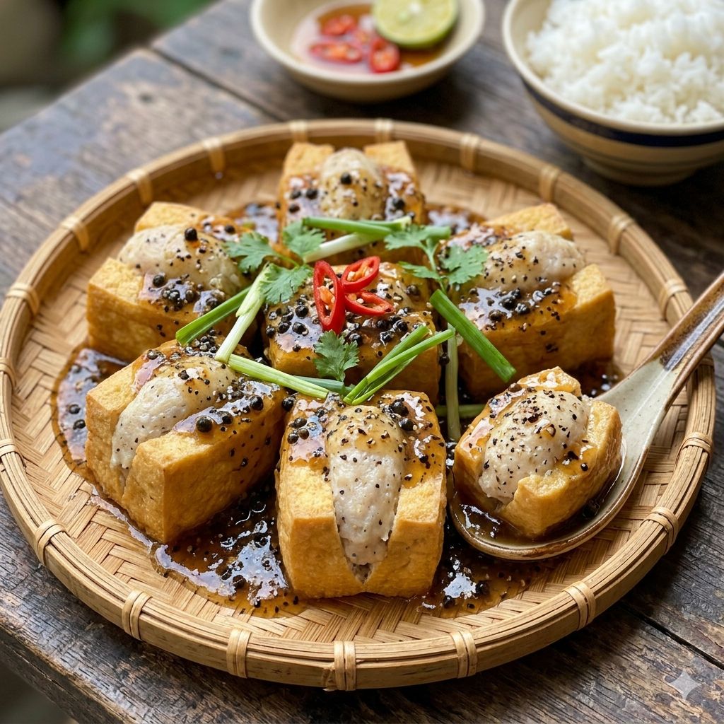 7. Đậu hũ nhồi cá thác lác sốt tiêu