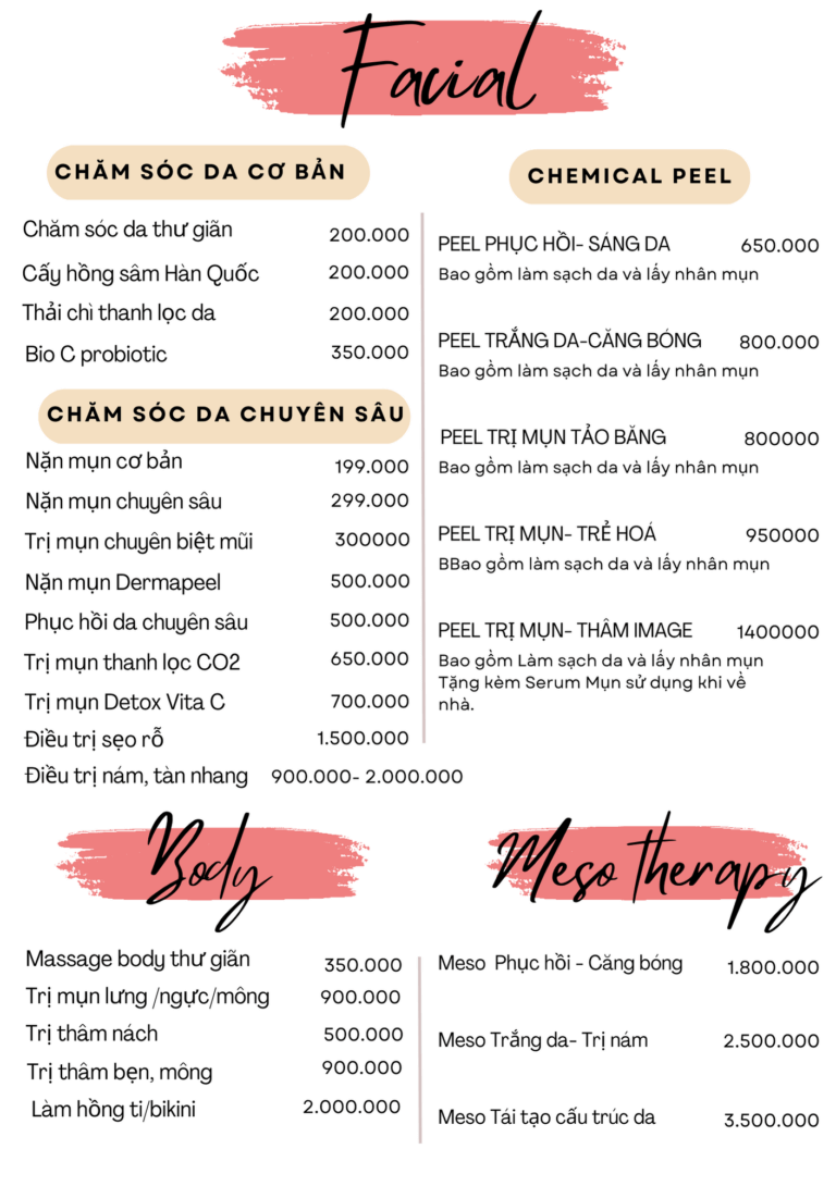 I. Bảng giá các dịch vụ Điều Trị Mụn – Chăm Sóc Da Mặt – Massage Body – Meso