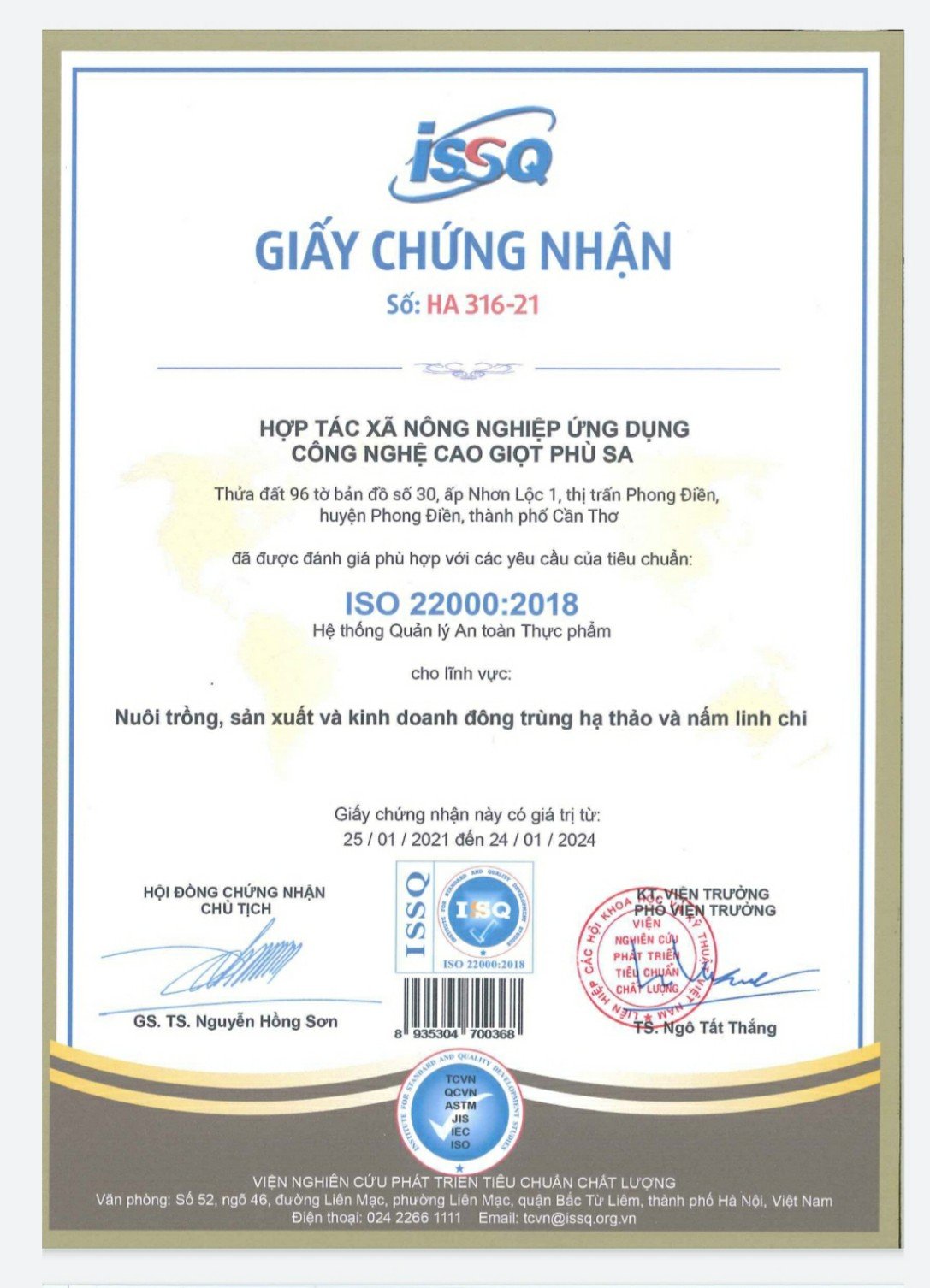 Giấy chứng nhận ISO 22000:2018 HTX GIỌT PHÙ SA